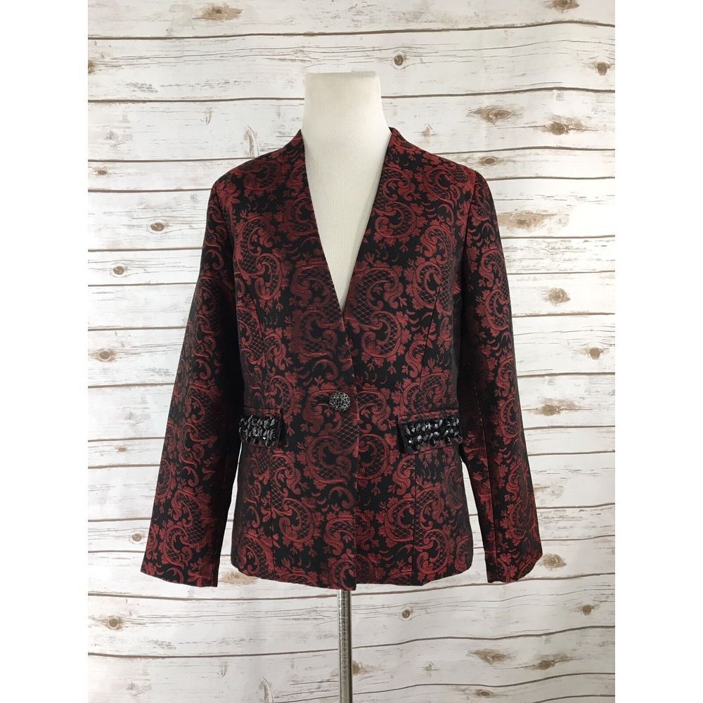NEW Chico's 0 S Evening Red Black Sheen‎ Paisley Print Beaded Pockets Blazer